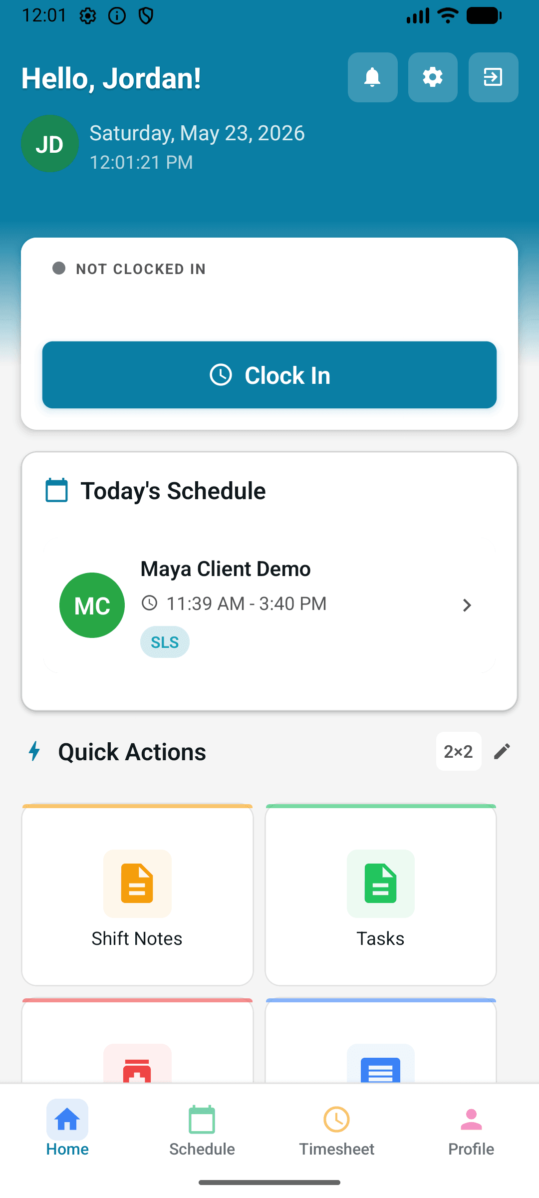AblePath DSP mobile dashboard with shift and task actions