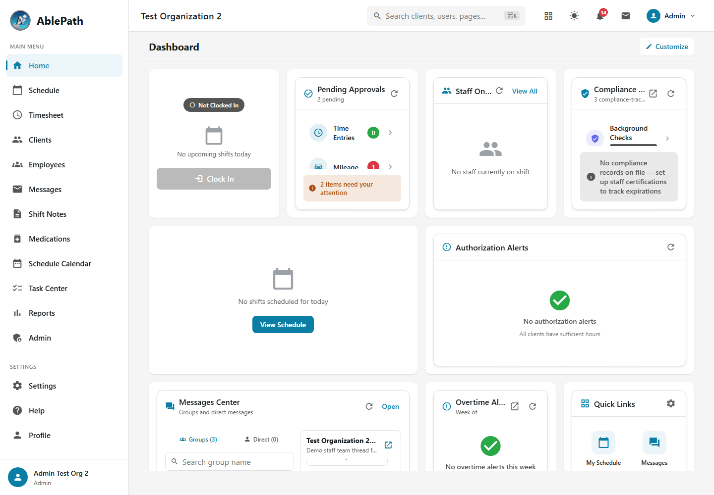 AblePath admin dashboard showing compliance metrics and operational summaries
