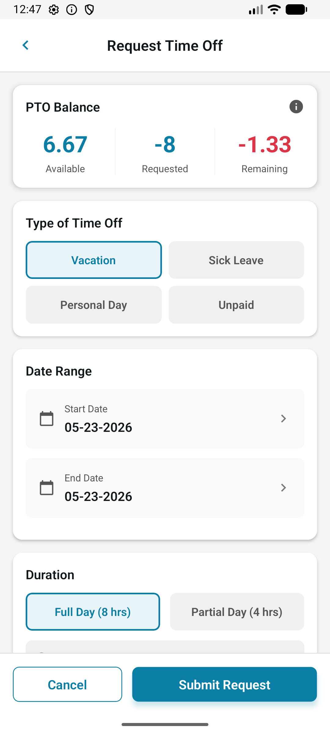 New time off request
