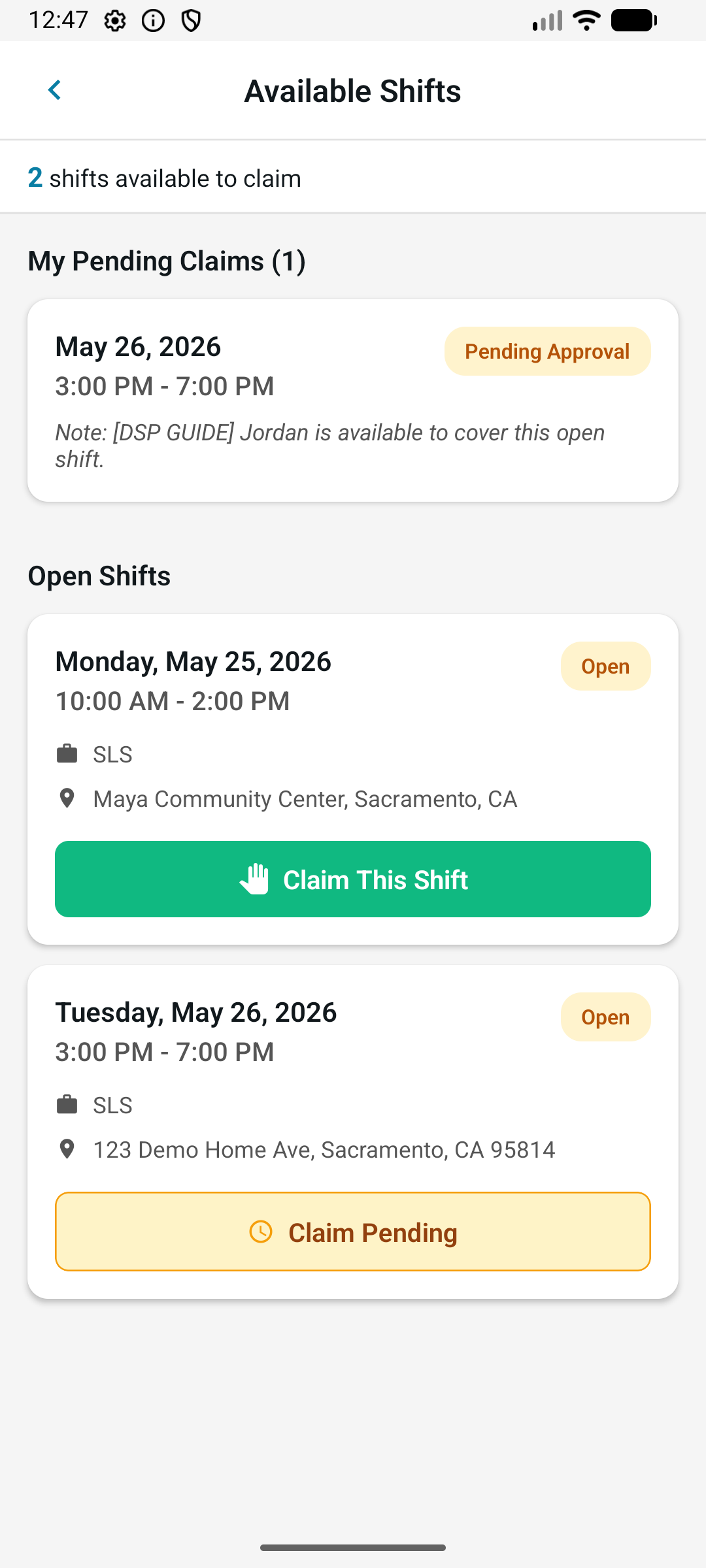Available shifts