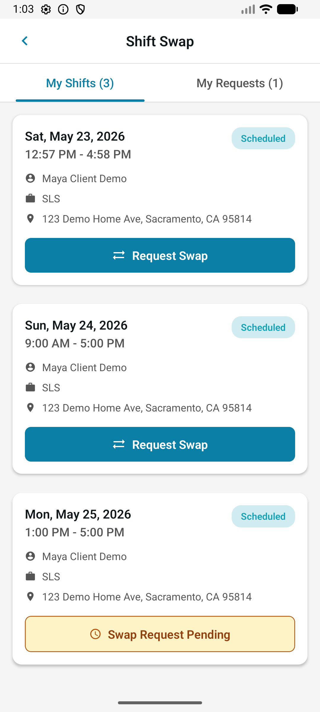 Shift swap eligible shifts