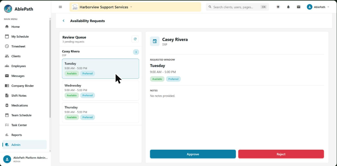 Availability Requests review queue with an Approve and Reject button