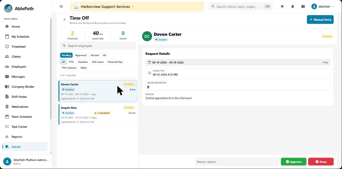 Time Off review queue with Approve and Deny buttons for a pending request