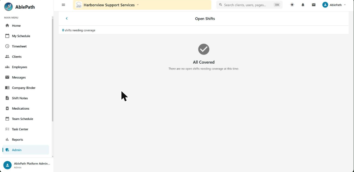 Admin Open Shifts screen showing shifts needing coverage