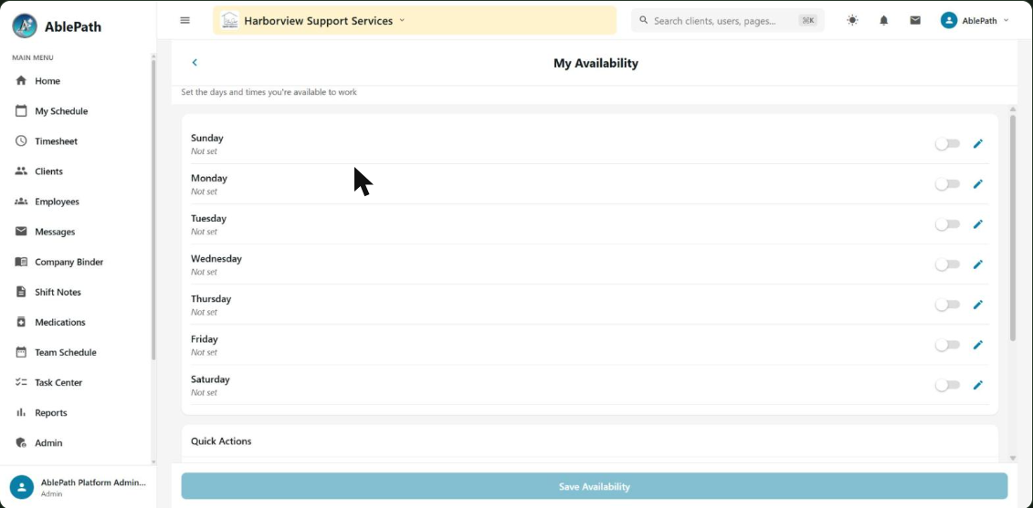 My Availability screen with a day picker for each day of the week