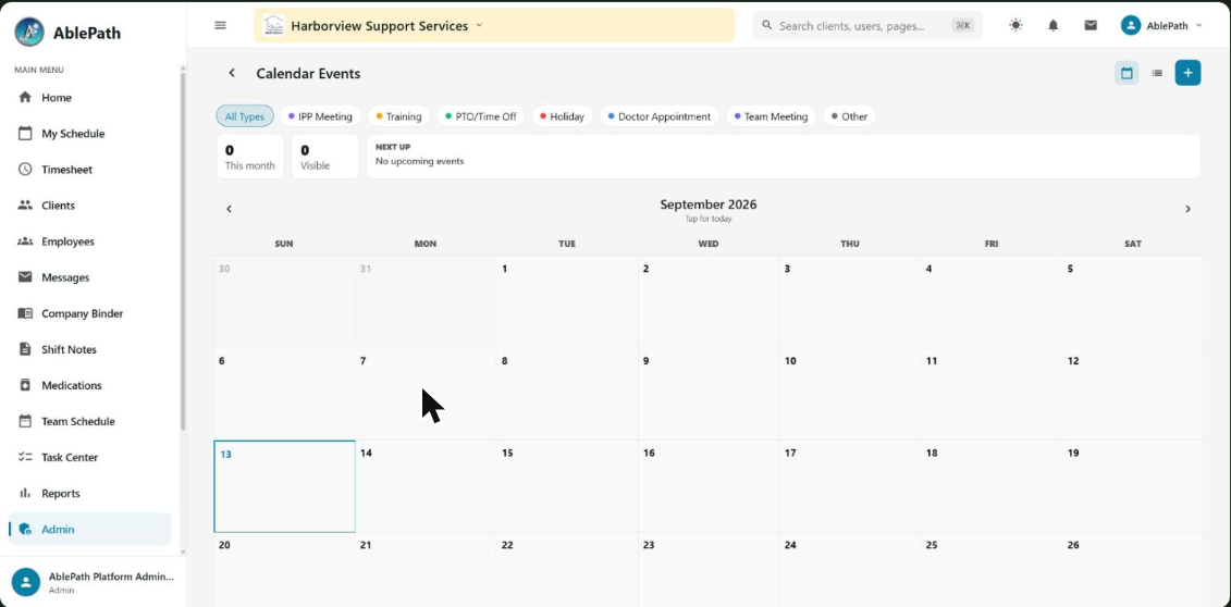 Calendar Events screen with a month view and event type filter chips
