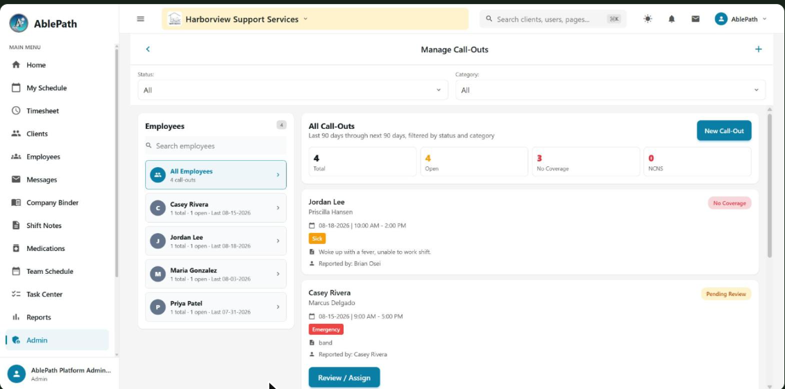 Manage Call-Outs screen listing employee call-outs by category and coverage status