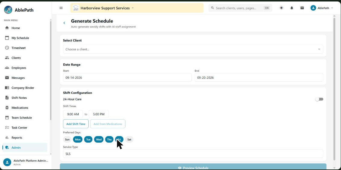 Generate Schedule screen with client picker, date range, and shift configuration