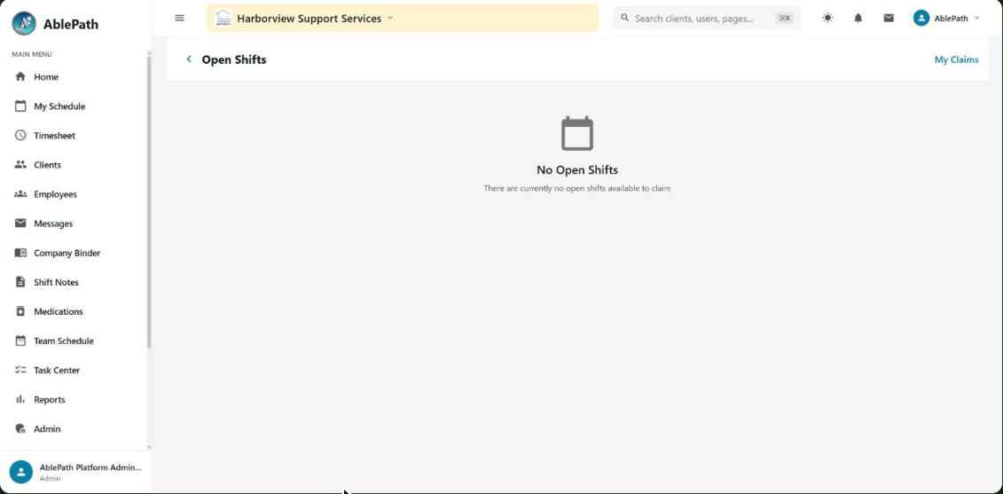 Open Shifts screen for staff, showing available shifts to claim