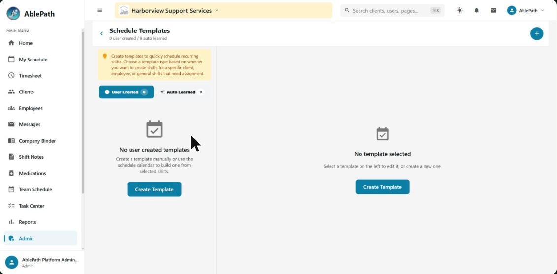 Schedule Templates screen listing user-created and auto-learned templates