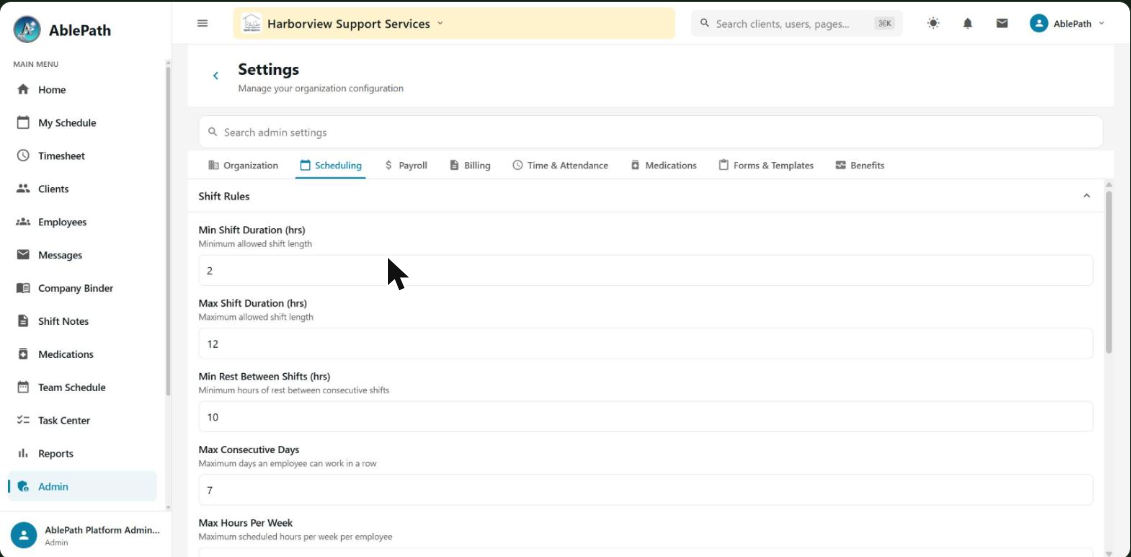 Settings Hub Scheduling tab with Shift Rules fields