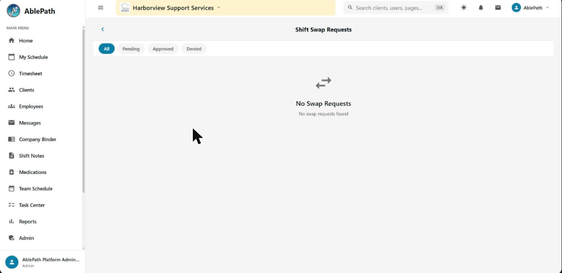 Shift Swap Requests screen with status filter tabs