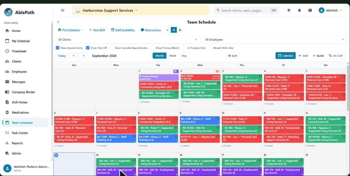 Team Schedule calendar view showing color-coded shifts across a month
