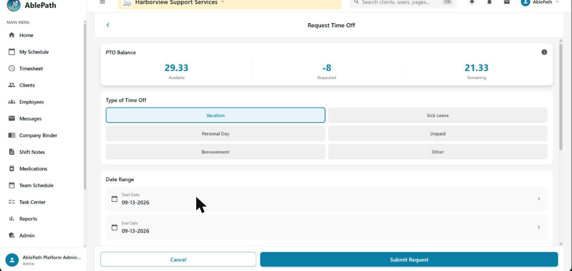 Request Time Off screen with PTO balance and a type-of-time-off picker